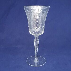 Vintage Crystal Wine Goblet With Etched Floral Design & Twisted Stem